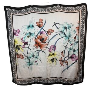 Chicos Scarf Square Floral Print White Black Border Women's One Size Polyester